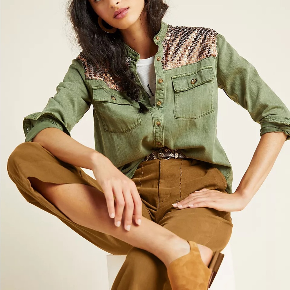 Anthropologie  Sequin Cargo Shirt Green Size 4 (but oversized so medium)
